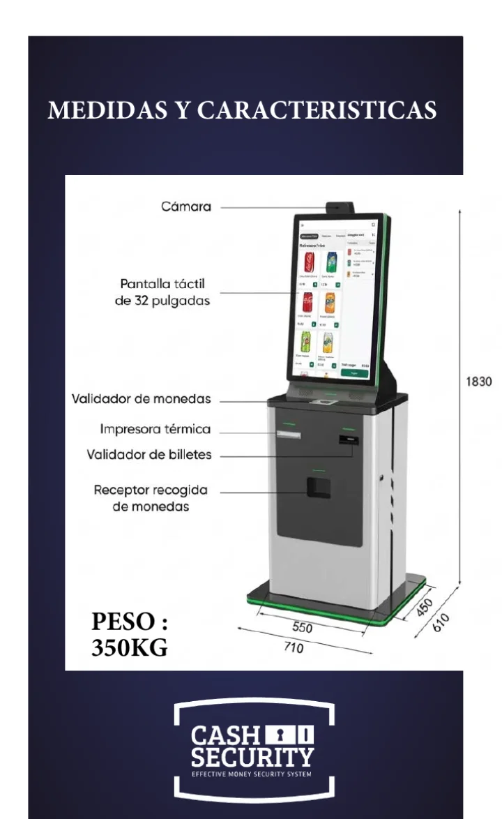 Ficha técnica del Kiosco Pro Max de CashSecurity con medidas 71 × 61 cm, 183 cm de alto y 350 kg de peso