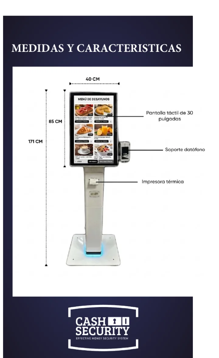Ficha técnica del Tótem Slim de CashSecurity con medidas: 40 cm de ancho y 171 cm de alto